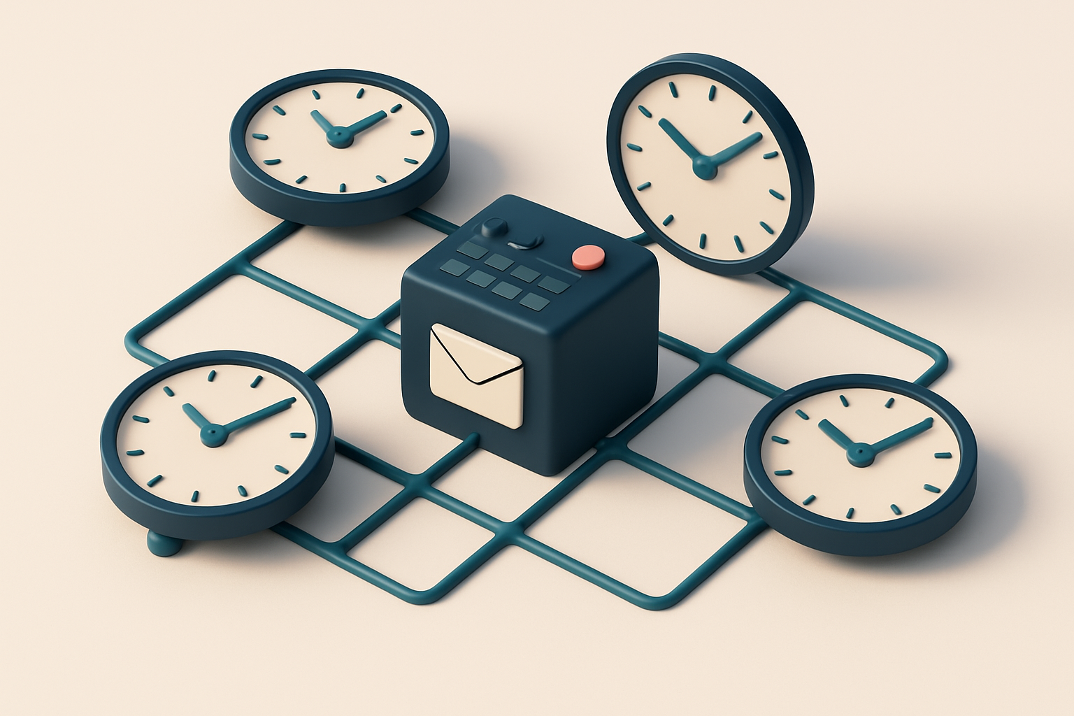 In-body 1: a scene of an interconnected grid with clocks from different cities and a centralized email scheduler depicting time zone management.