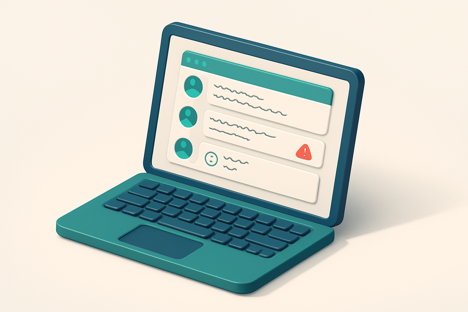 In-body 1: an isometric laptop screen showing a humorous email thread with visible errors
