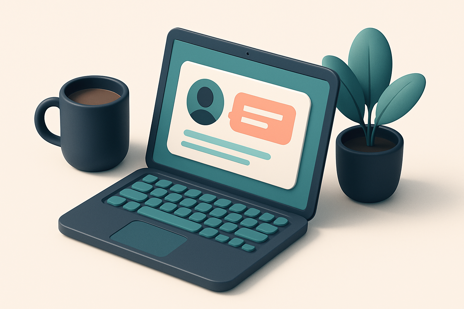 In-body 1: an isometric desk setup with a laptop displaying a testimonial, alongside a cup of coffee and a potted plant.