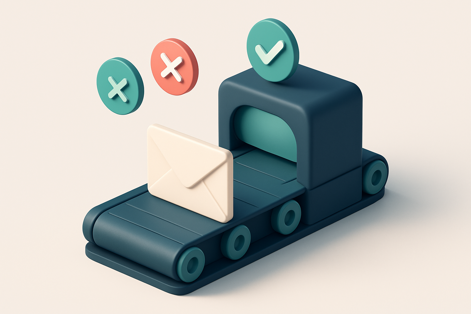 In-body 1: an isometric scene of an email inbox on a conveyor belt, getting scanned by a validation machine with green checkmarks and red crosses emerging.