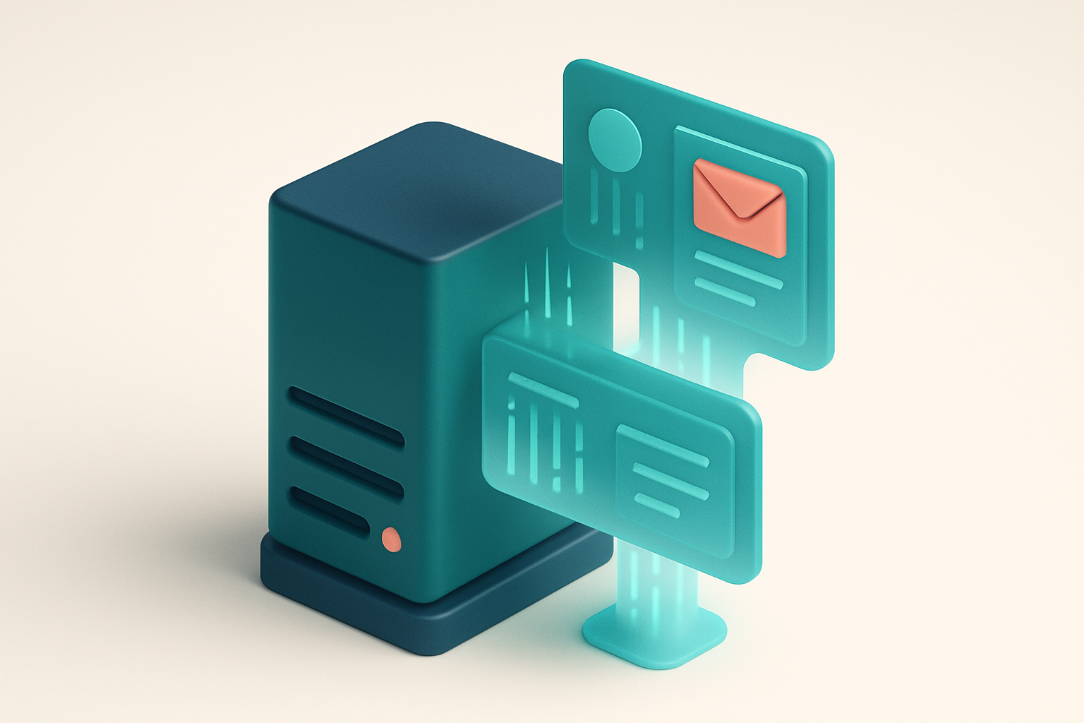 In-body 1: a server rack with SMTP and MX records displayed as holographic data streams, illustrating email processing.