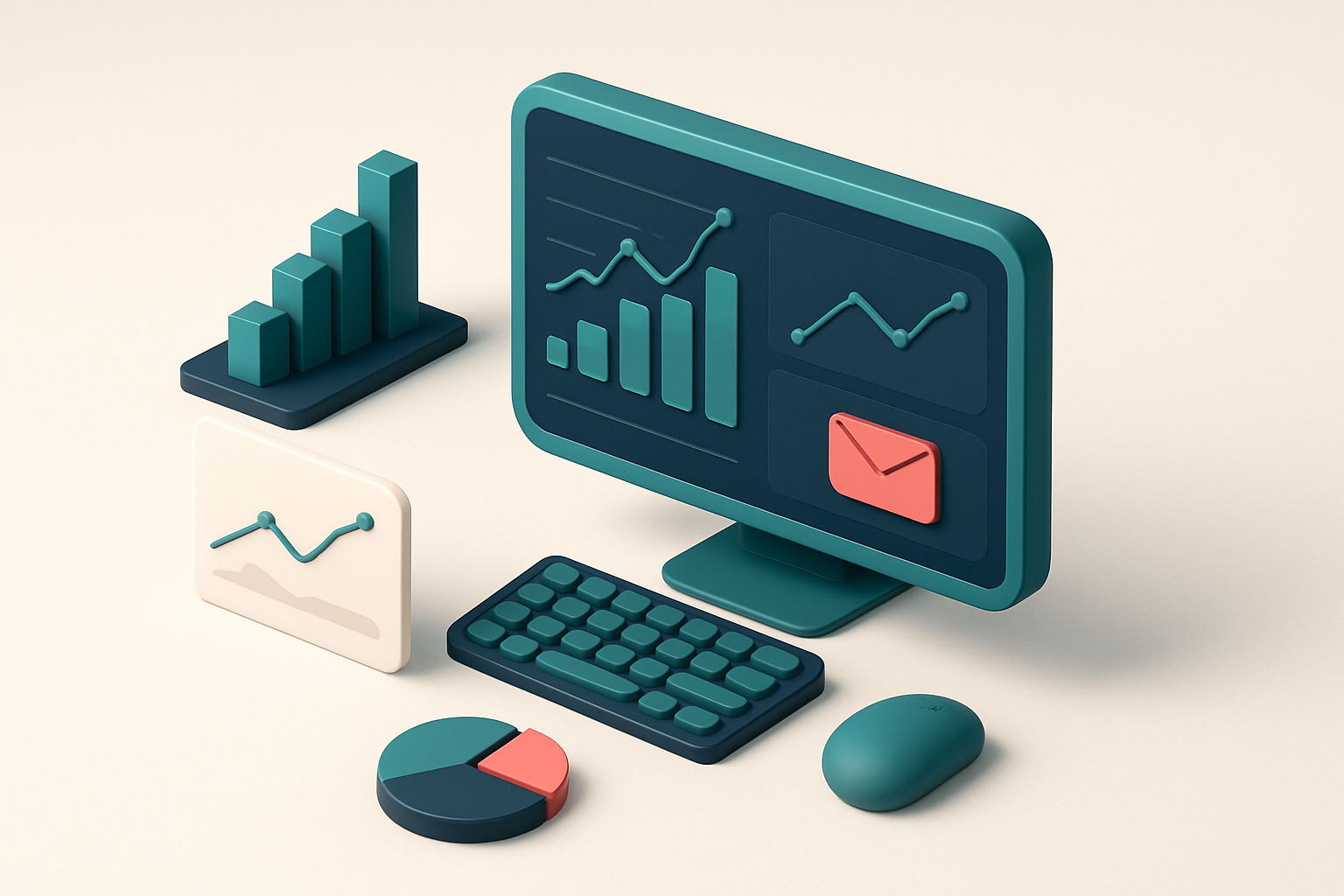 In-body 1: an isometric analytic setup showing graphs and charts processing email performance data on a desktop.