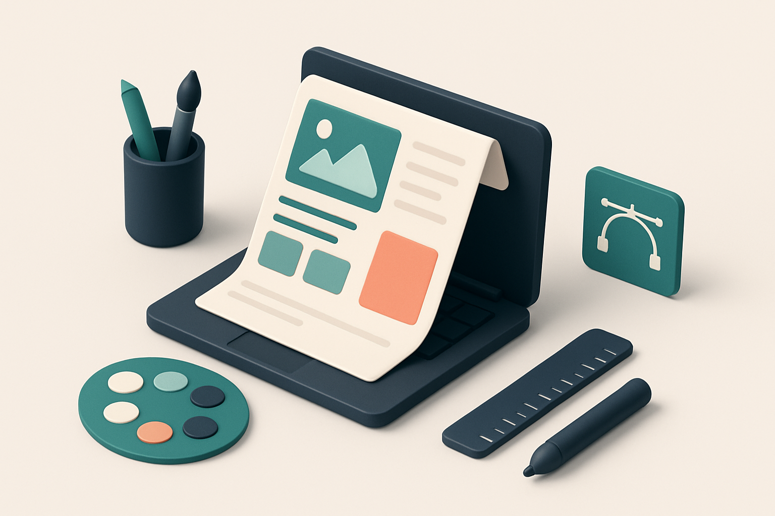 In-body 1: a creative template unfolding from a laptop screen, surrounded by a palette of colors and design tools representing aesthetic design choices.