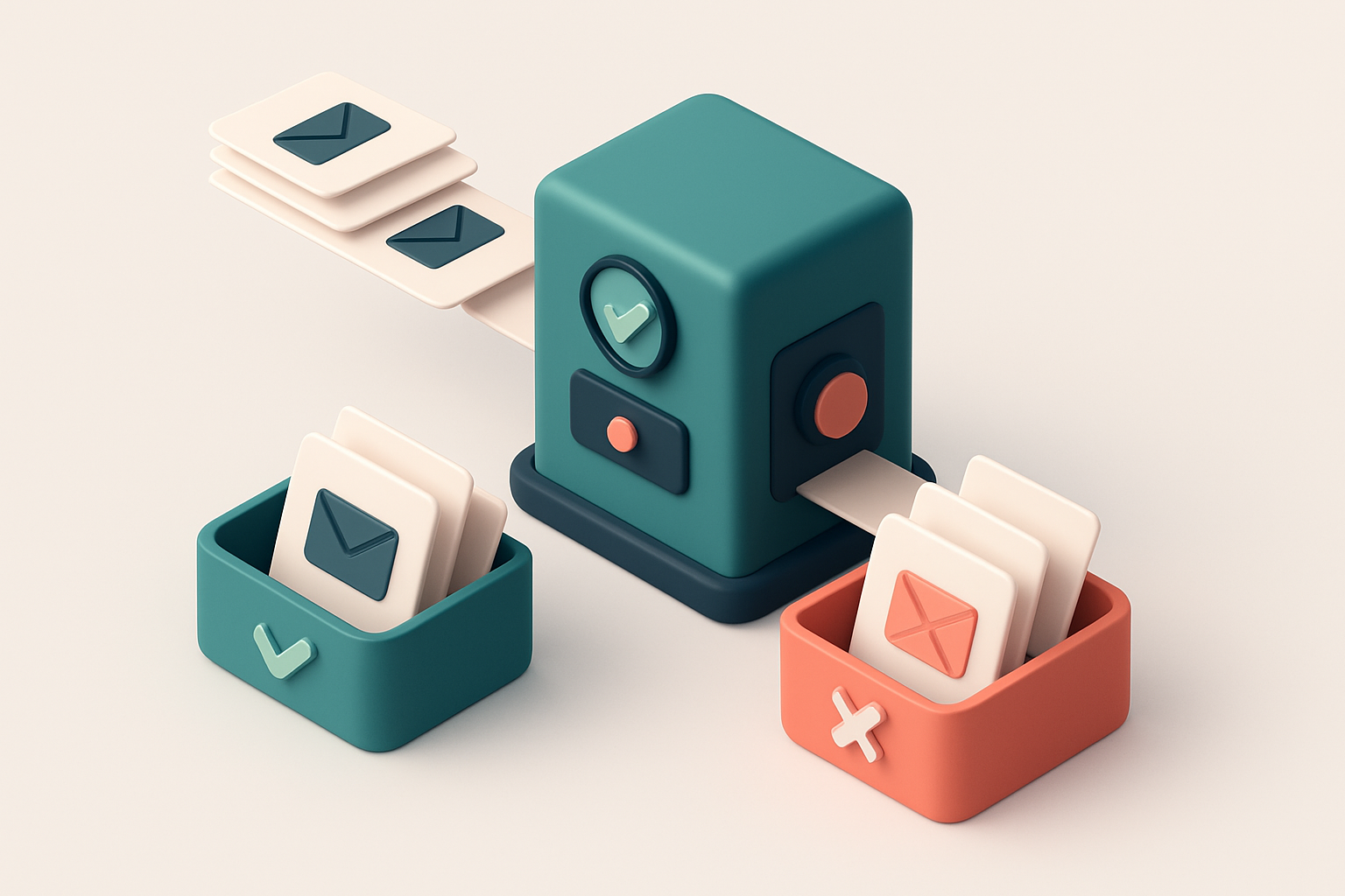 In-body 1: an isometric view of email lists funneling through a verification machine, separating into green 'verified' and red 'invalid' trays.