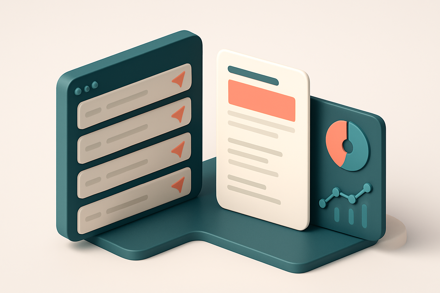In-body 1: an isometric scene of an email panel showing several sent newsletters, some opened with a graph illustrating engagement statistics beside it.