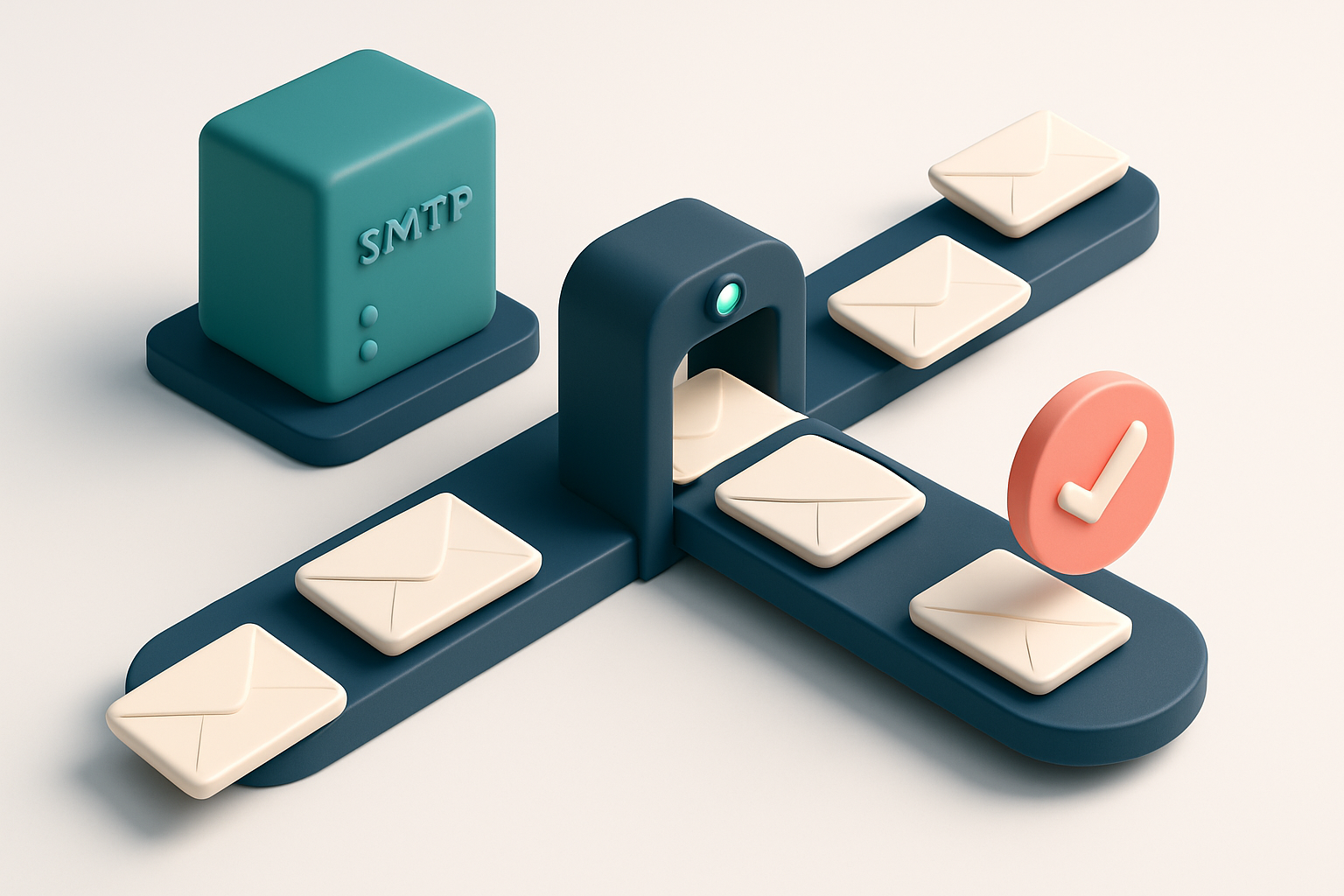 In-body 1: an isometric SMTP server with email packets moving through an inspection checkpoint toward a validated delivery path.