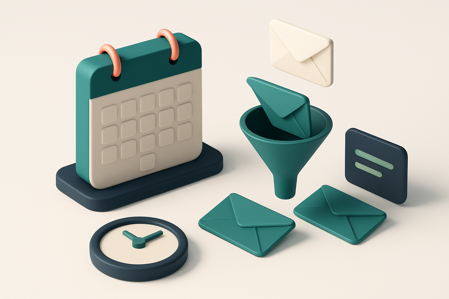 In-body 1: an isometric scene showing a calendar and email envelopes being sorted based on dates and times, representing timing strategies.