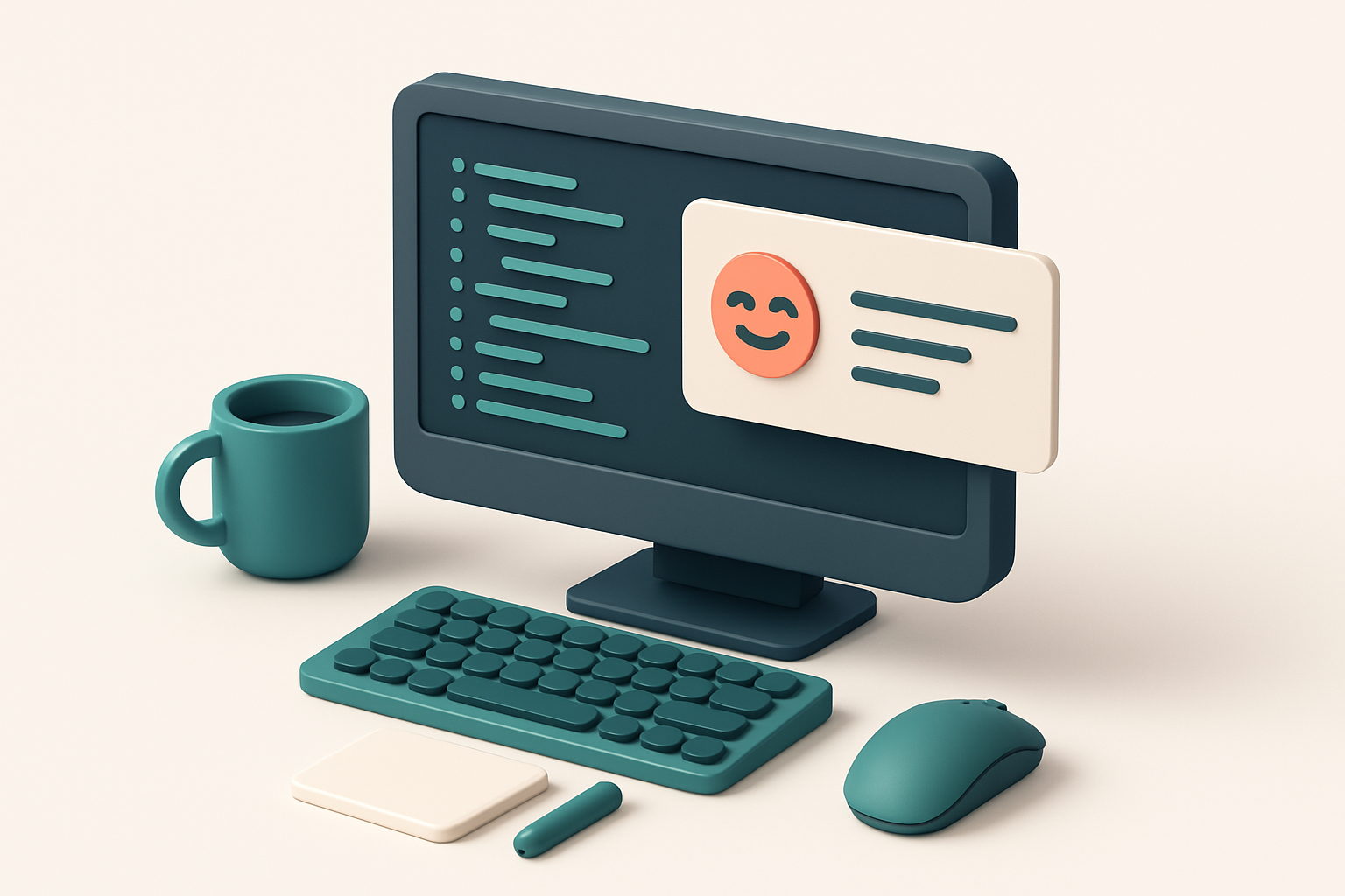 In-body 1: an isometric desktop setup showing a screen with coding lines and a secondary window labeled 'Humor Quotes', illustrating personalization with humor.