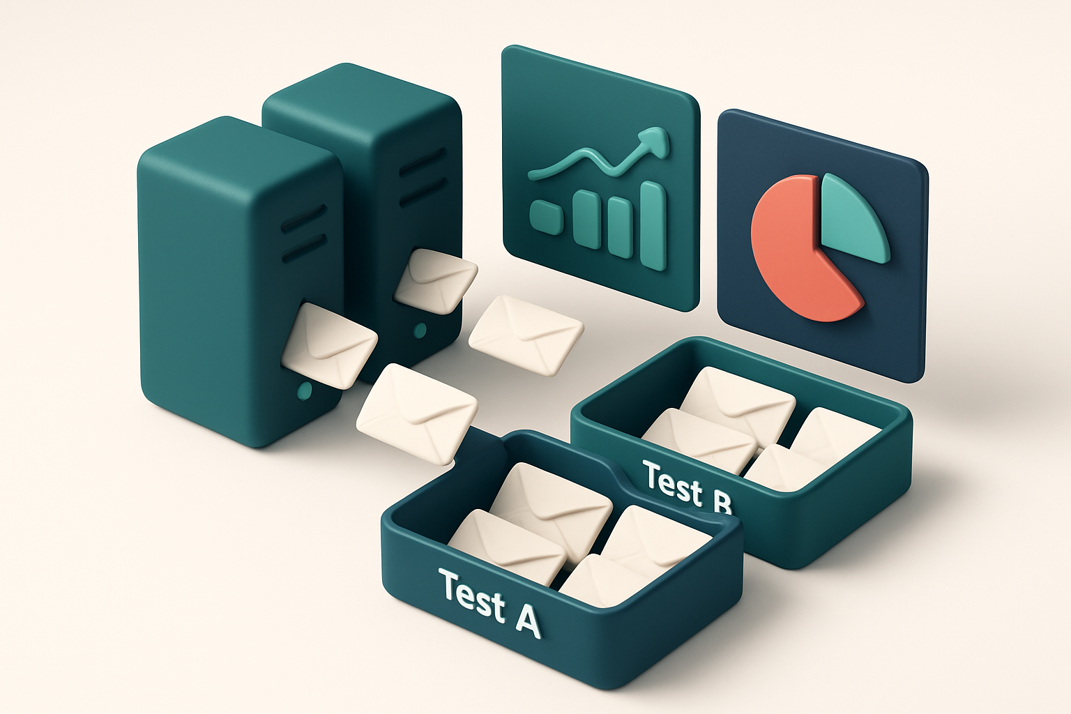 In-body 1: An isometric A/B testing setup with two email servers, envelopes being sorted into 'Test A' and 'Test B' trays, and outcome charts in the background.