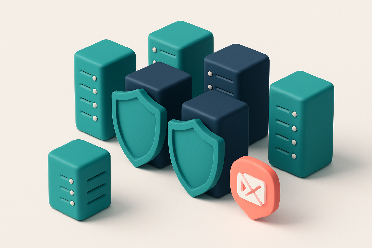 In-body 1: an isometric scene of a server farm with digital shields around some servers representing protection from spam traps.