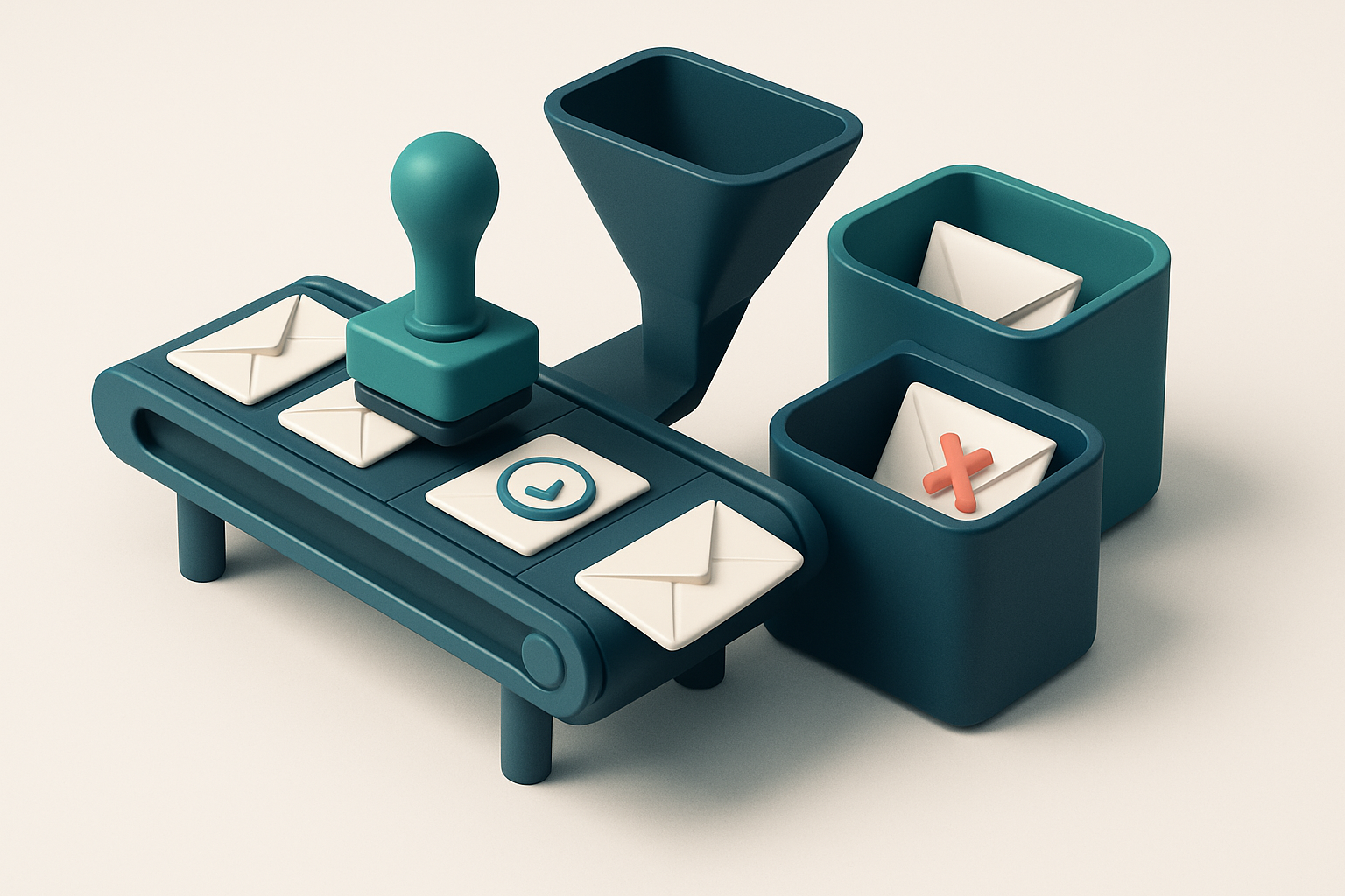 In-body 1: an isometric scene of a conveyor belt with emails being stamped. A filter sorts valid emails into a 'keep' box and invalid ones into a 'discard' bin.