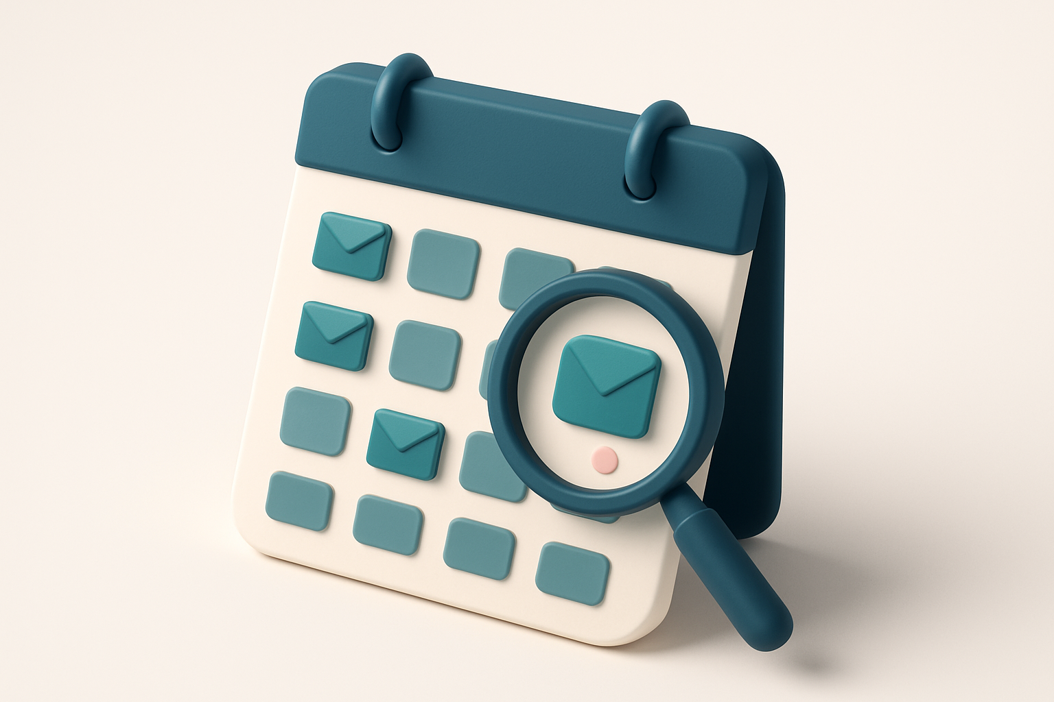 In-body 1: an isometric calendar with email icons on various dates, a magnifying glass highlighting a 'verification' timing strategy
