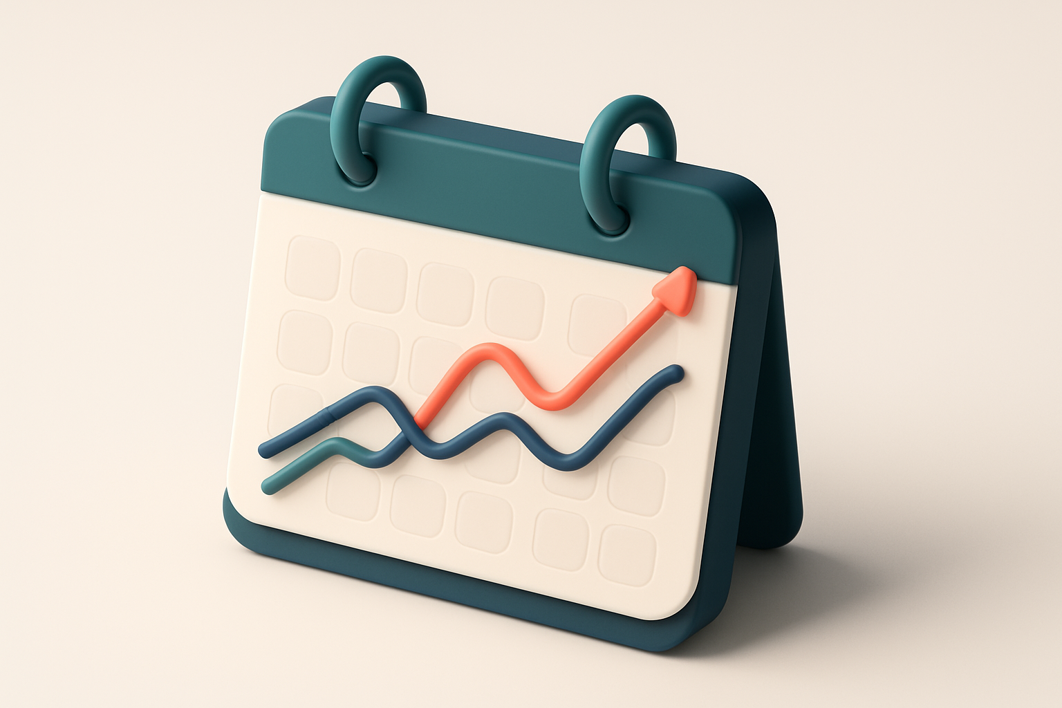 In-body 1: an isometric calendar view with graph lines climbing over different days, depicting high and low engagement rates.