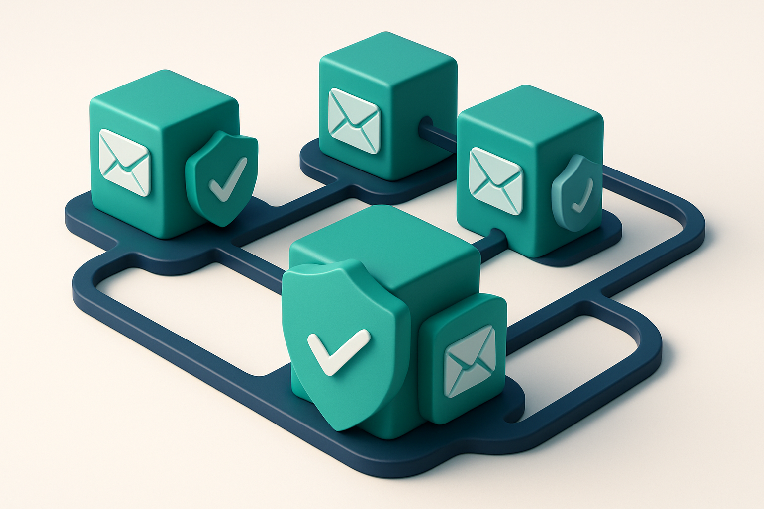In-body 1: an isometric scene of a network of email domains, each with shields representing SPF/DKIM/DMARC protection