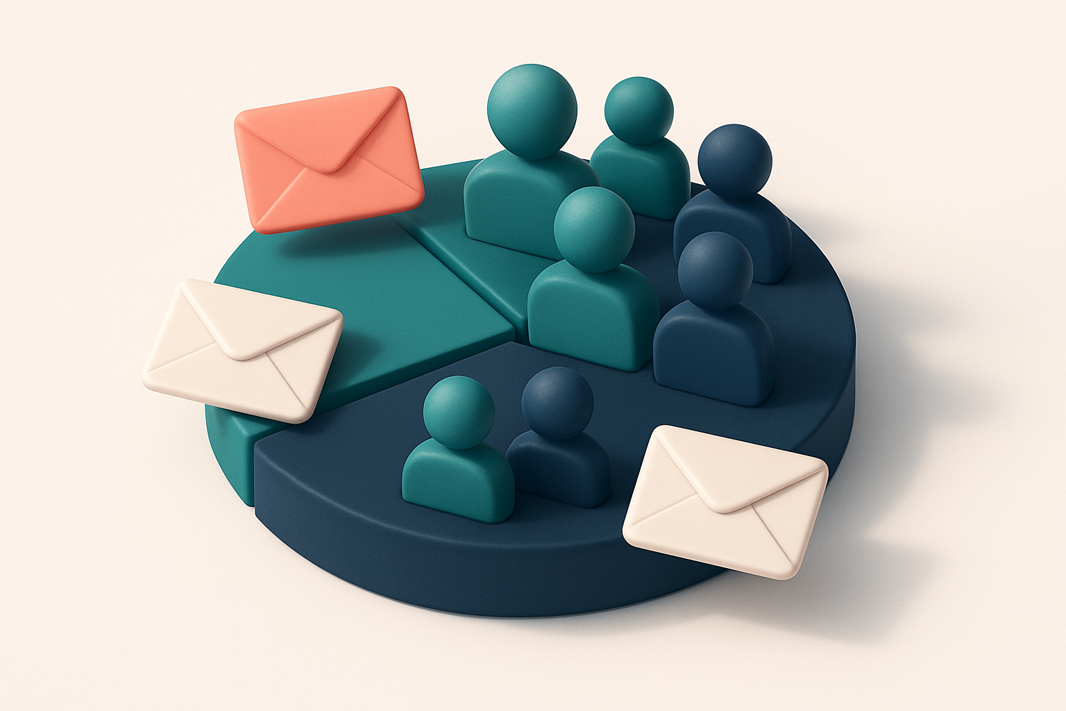 In-body 1: an isometric view of a segmented audience icon with different groups holding envelopes, illustrating personalized and targeted communication.