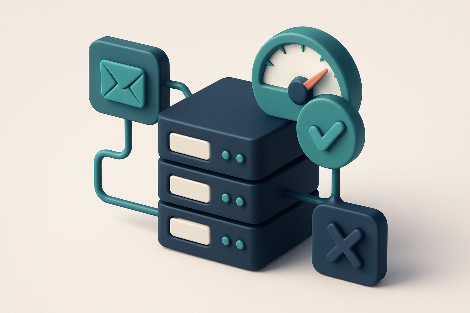 In-body 1: An isometric scene of a server rack with connected lines depicting SMTP and MX record checks, with a gauge showing verification success.