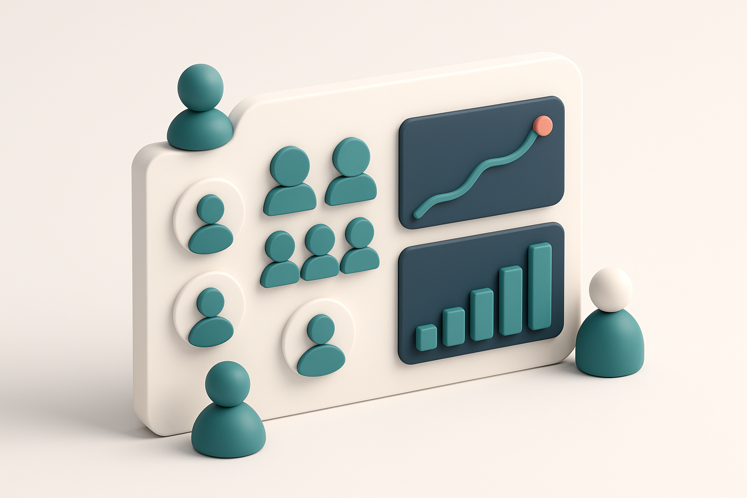 In-body 1: an isometric dashboard with segmented audiences, depicted by people icons and graphs showing increasing engagement metrics.