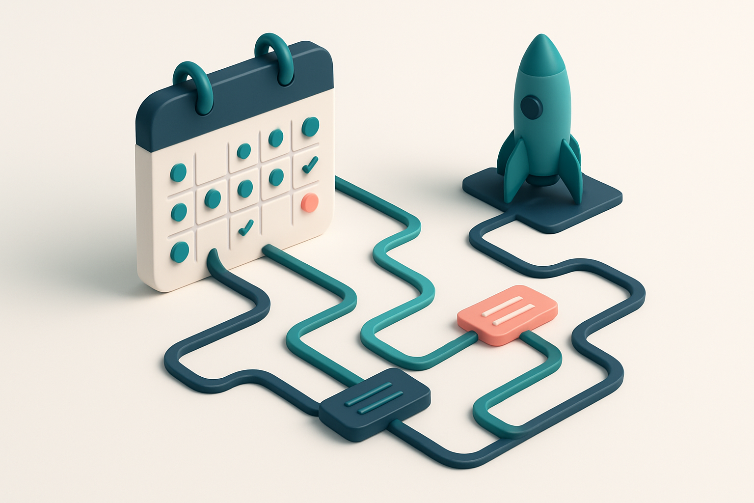 In-body 1: An isometric view of a calendar with marked days, timelines, and tasks visually represented as connected pathways, leading up to a launch pad.