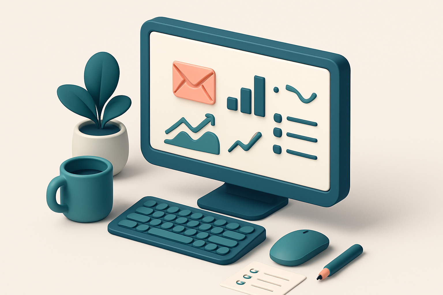 In-body 1: an isometric scene of a desk with a computer screen displaying email marketing metrics, graphs, and a checklist of seasonal trends.