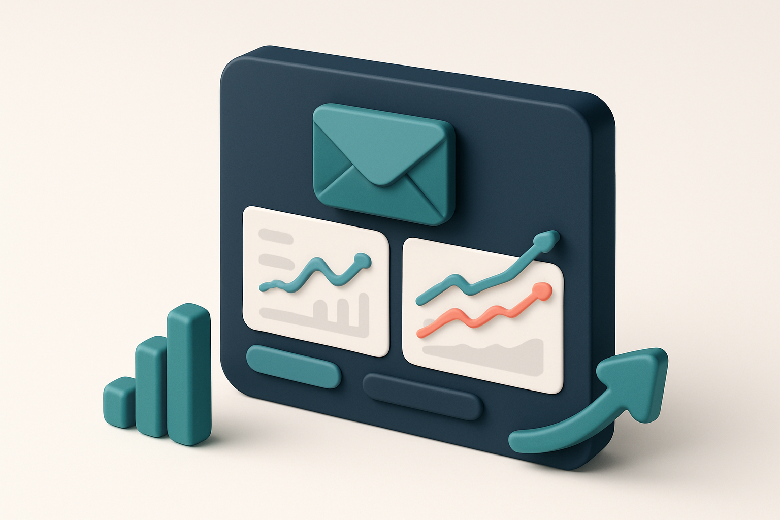 In-body 1: An isometric dashboard showing email metrics with graphs indicating open rates and click-through rates improving over time.