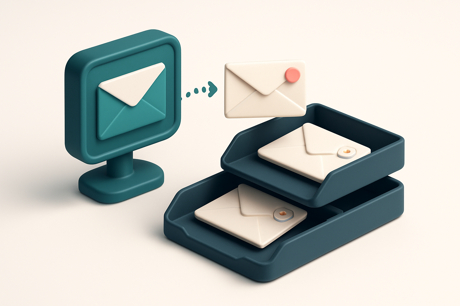 In-body 1: an isometric email inbox where emails are being sorted into 'morning', 'afternoon', and 'evening' trays based on time-marked envelopes