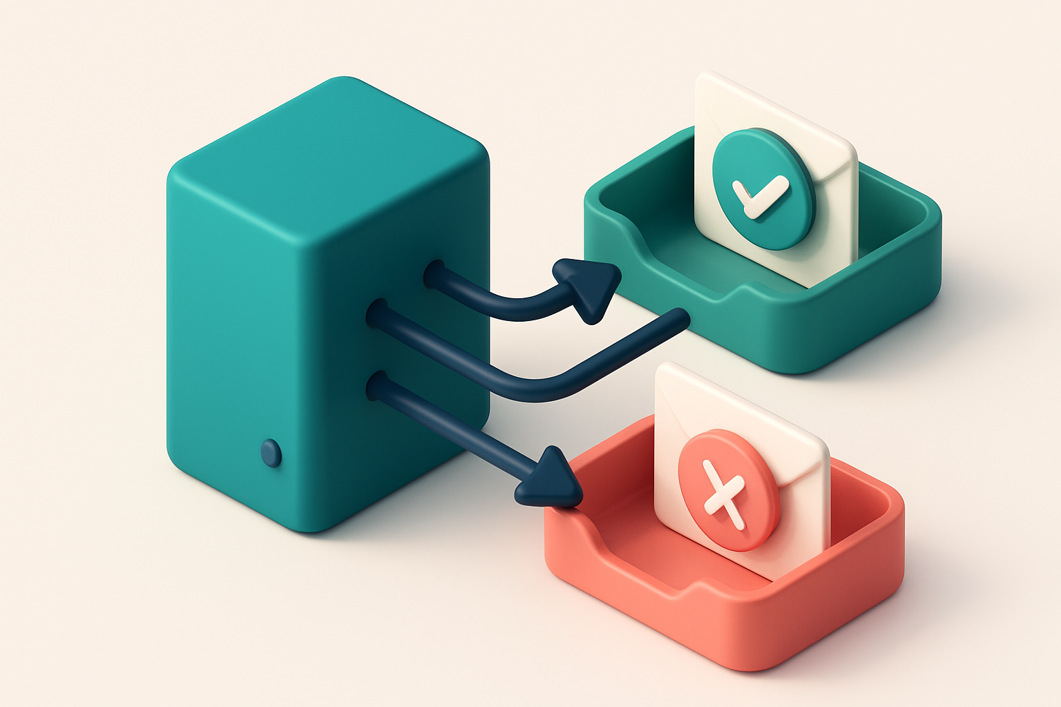 In-body 1: an isometric illustration showing an SMTP server with arrows directing towards a green valid email tray and a red invalid email tray.