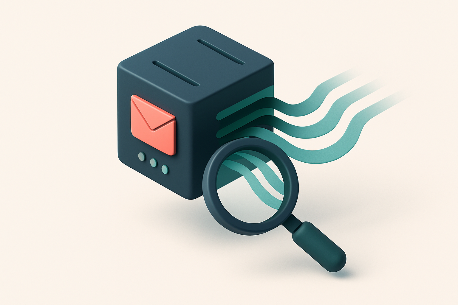 In-body 1: An email API service symbol represented by a hovering server and a magnifying glass closely inspecting flowing data streams.