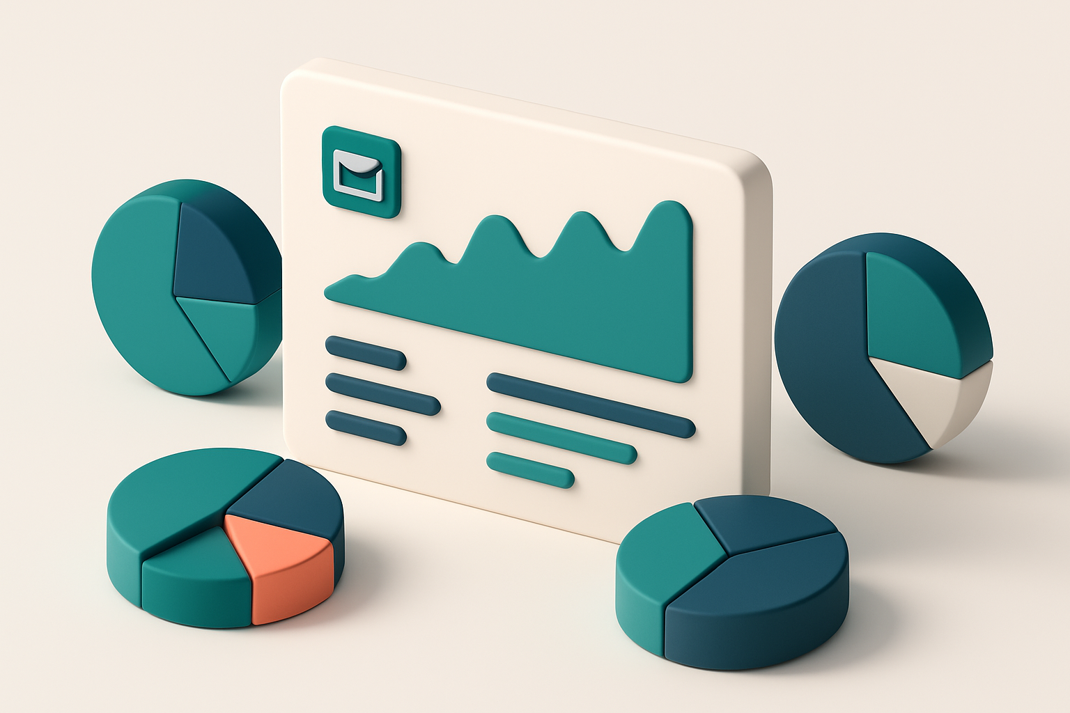 In-body 1: an isometric scene with a dashboard showing email segmentation graphs, pie charts of audience groups surrounding it