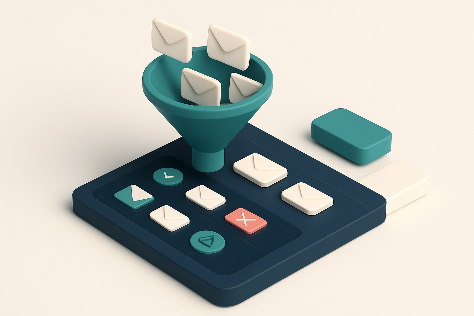 In-body 1: an isometric CRM interface with a funnel filtering emails into 'valid', 'invalid', and 'risky' categories.