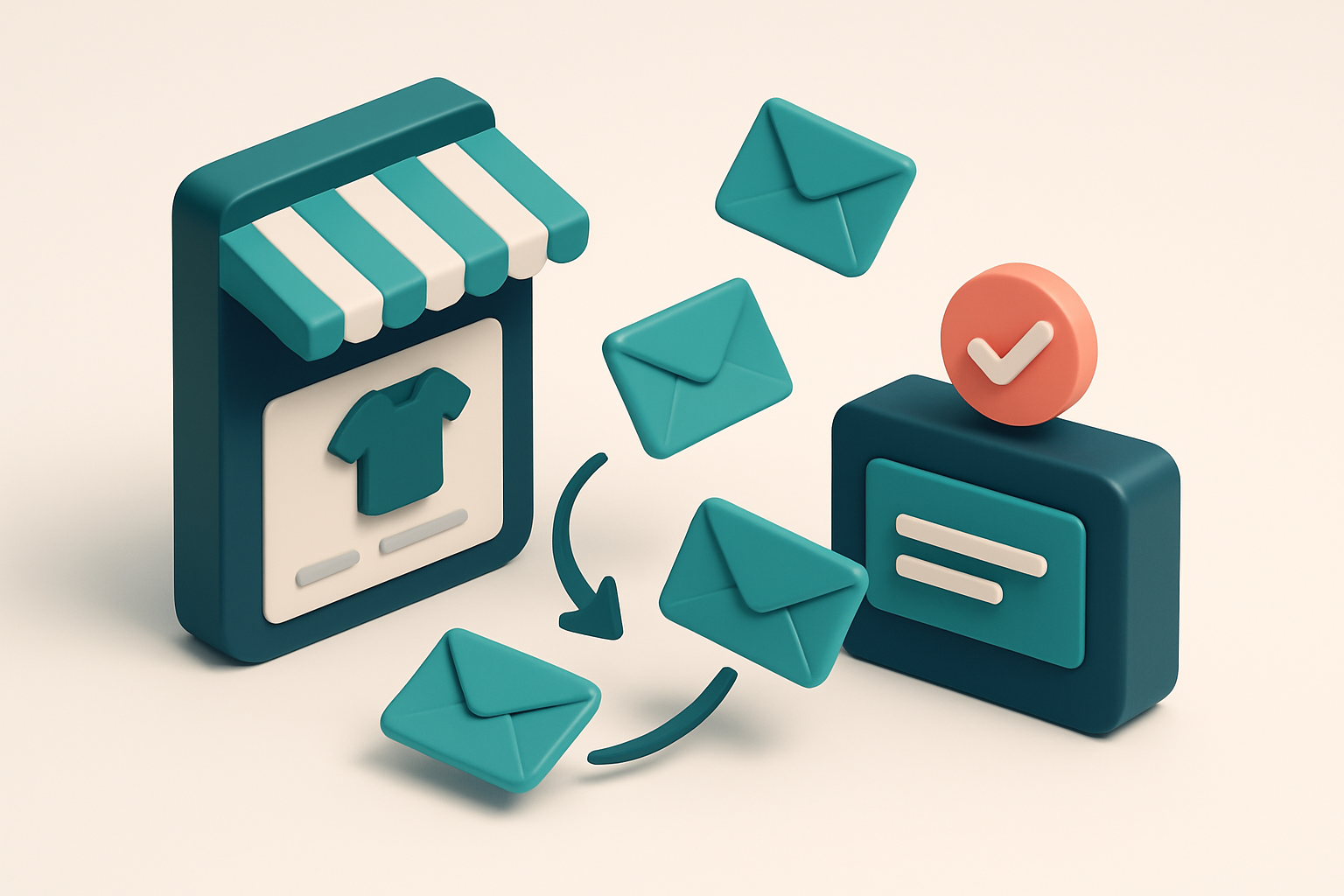 In-body 1: an isometric scene of an e-commerce storefront with bouncing emails being redirected to a 'verified addresses' system.