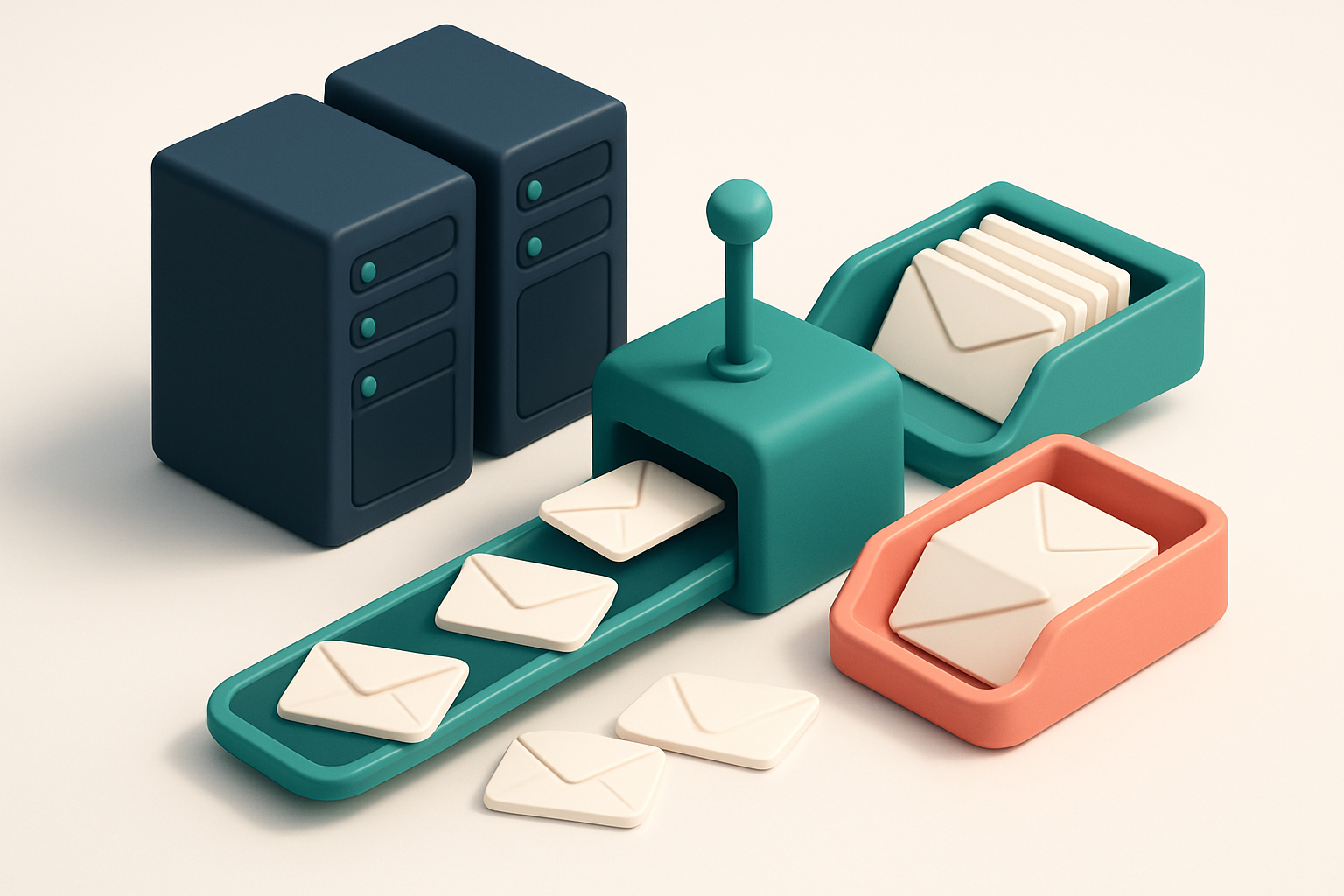 In-body 1: a visual of a server row with digital envelopes flowing through, being sorted by a mechanism with 'valid' and 'invalid' trays.
