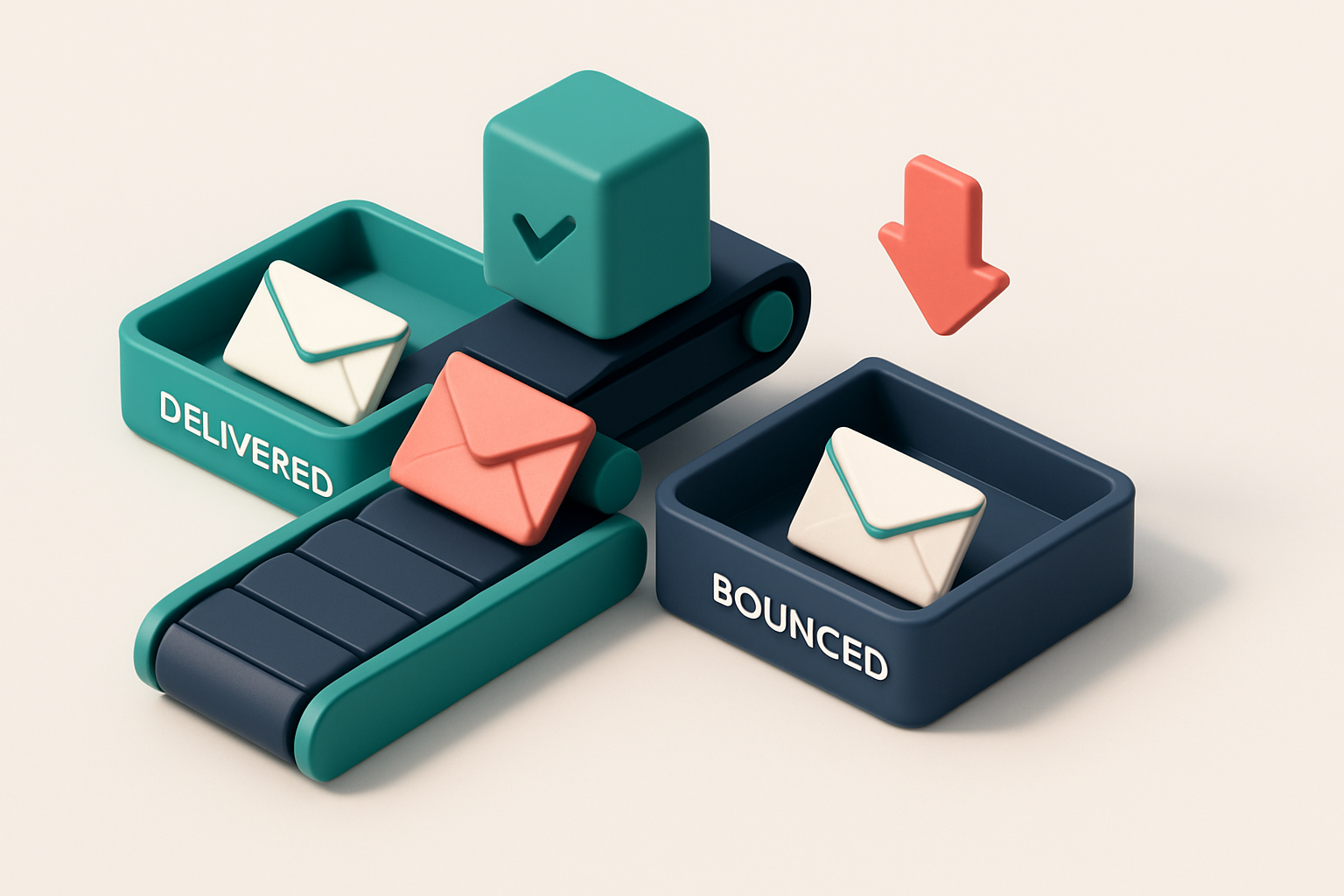 In-body 1: an isometric verification conveyor belt, sorting emails into trays labeled 'delivered' and 'bounced'