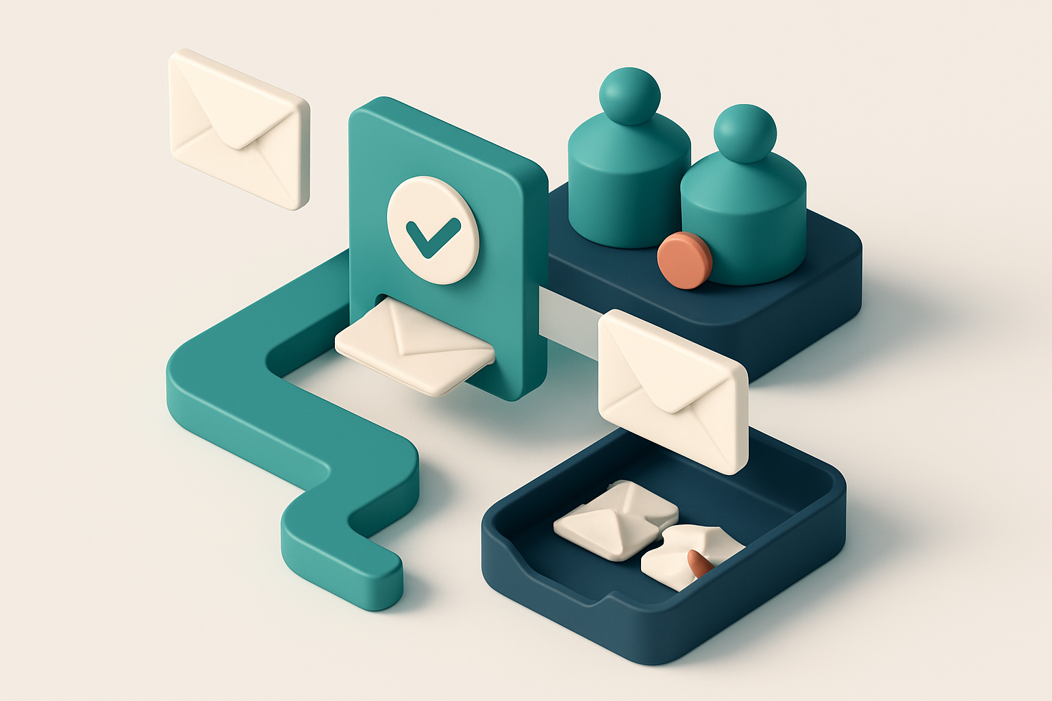 In-body 1: An isometric view of a spam filter system with emails passing through a captcha and honeypots, filtering spam into a separate tray.