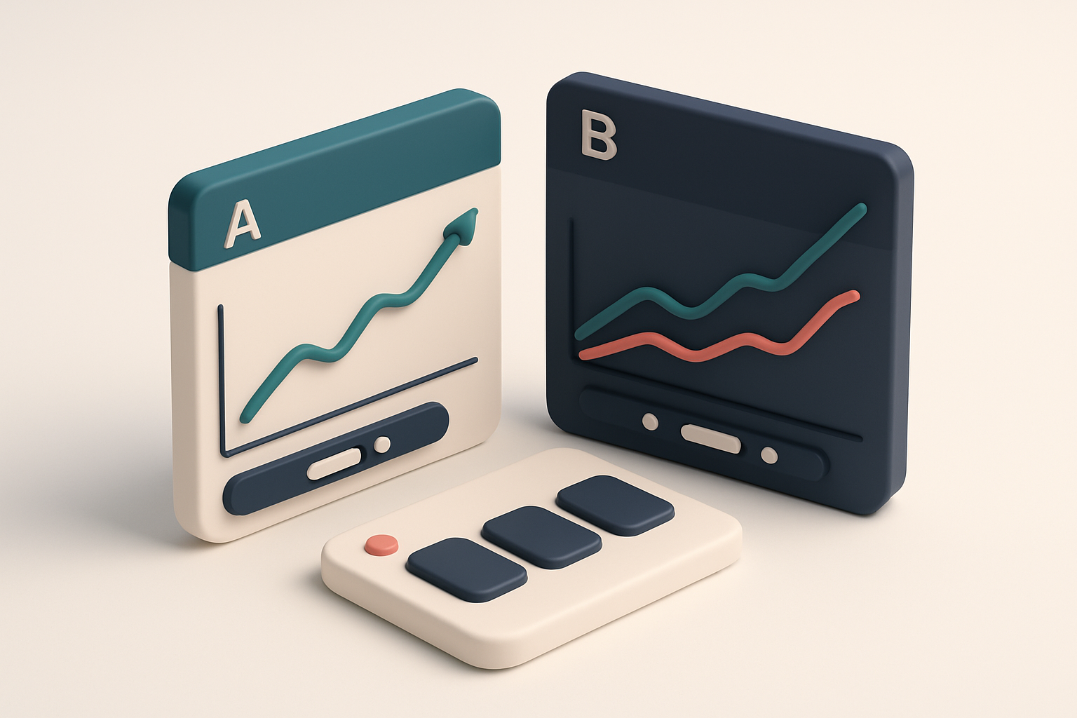 In-body 1: an isometric scene with A/B test dashboards, showing graph lines moving upwards from different send times on Friday.