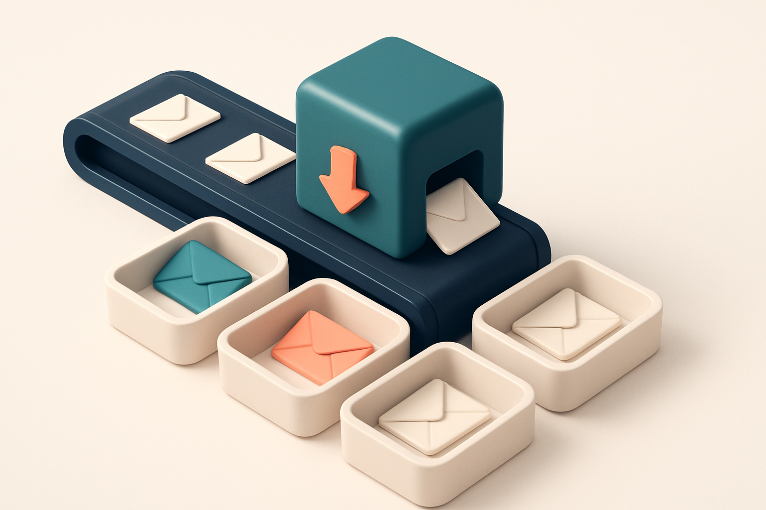 In-body 1: an isometric conveyor belt sorting emails into trays marked 'valid', 'invalid', and 'risky'
