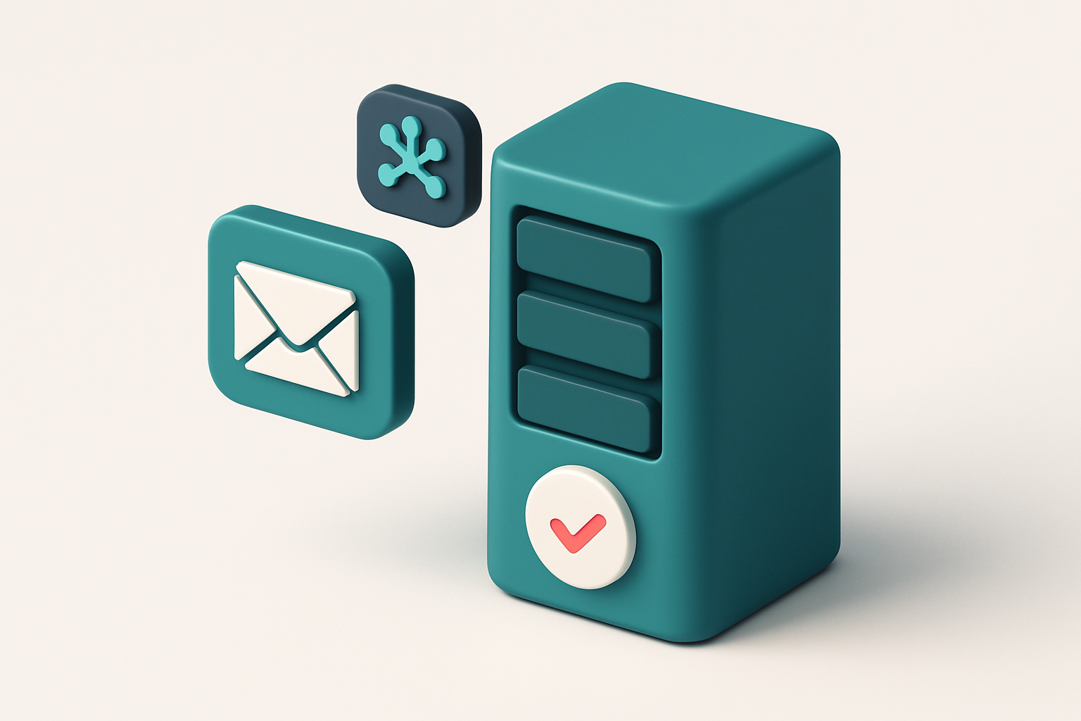 In-body 1: An email server tower with SMTP and MX icons floating next to it, depicting the process of email verification on a network.