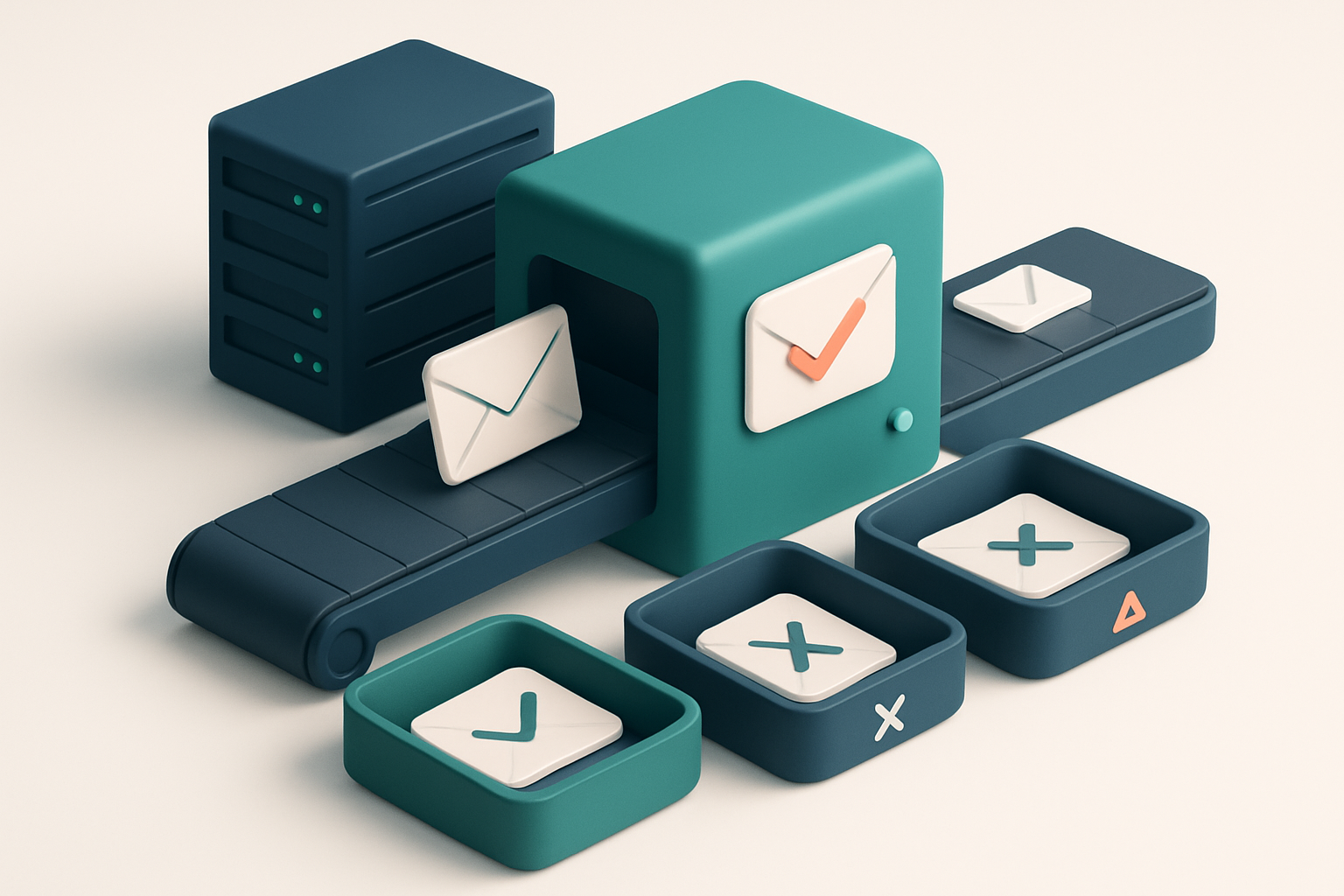 In-body 1: an isometric scene of an email verification conveyor belt sorting emails into 'valid', 'invalid', and 'risky' trays with servers in the background.