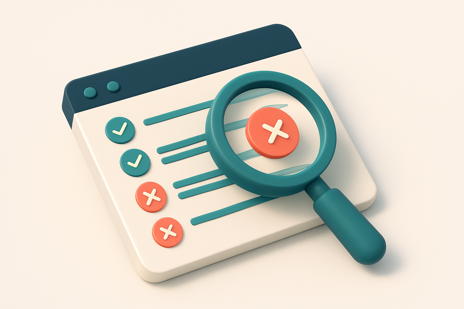 In-body 1: a magnifying glass over a list of email addresses on a digital dashboard, some checked green, some marked red for invalid.