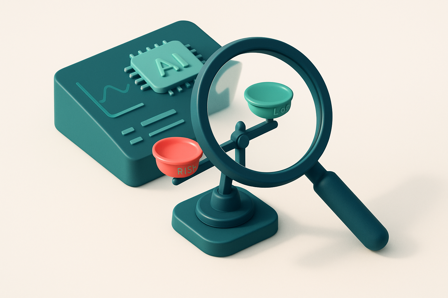 In-body 1: An isometric scene showcasing an AI-driven dashboard with digital scales balancing 'risk' and 'accuracy' under a scanning magnifying glass.