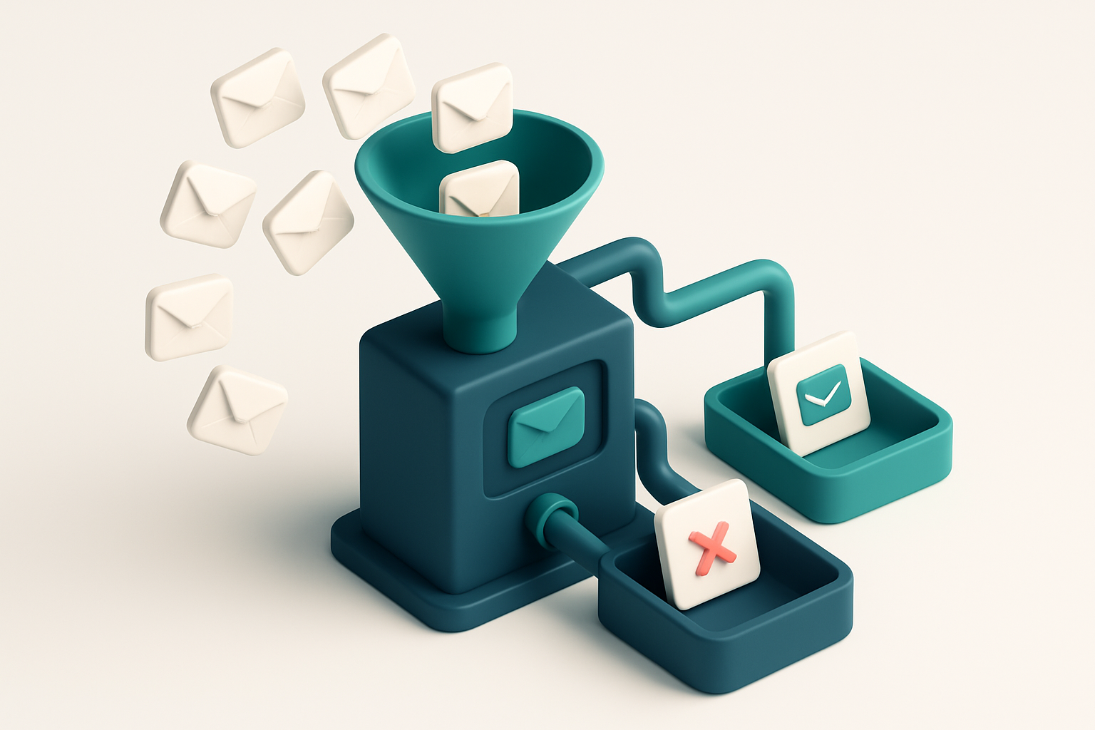 In-body 1: An isometric illustration of a funnel system, with incoming emails being sorted by a machine, where valid emails proceed through one side and invalid