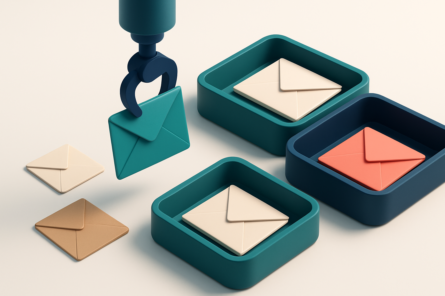 In-body 1: a diverse set of envelopes being sorted by a mechanical arm into two trays, 'valid' and 'invalid', each visibly distinct.