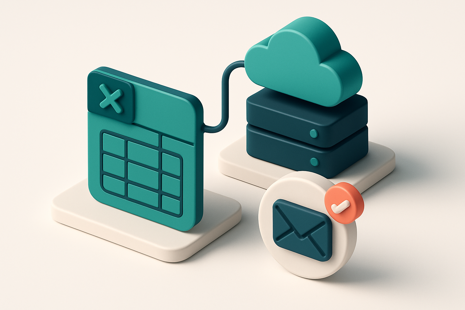 In-body 1: a 3D isometric connection between an Excel sheet and a cloud server pinpointing email verification in real-time