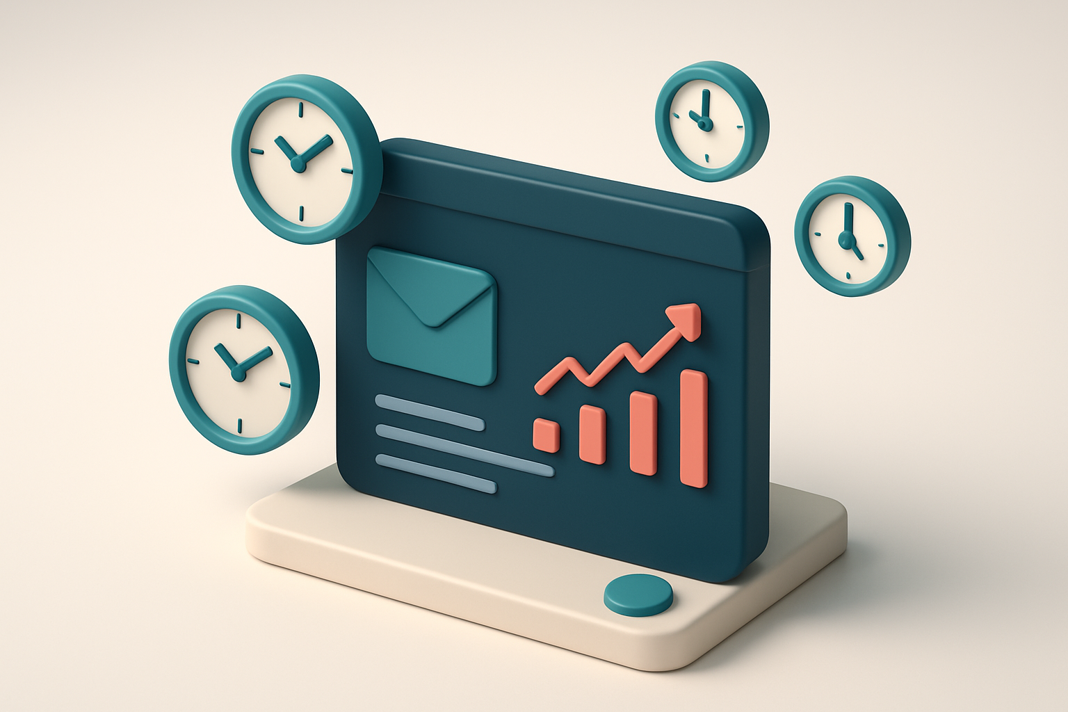 In-body 1: an isometric email dashboard showing a graph with rising arrows on a Thursday with clocks around it.