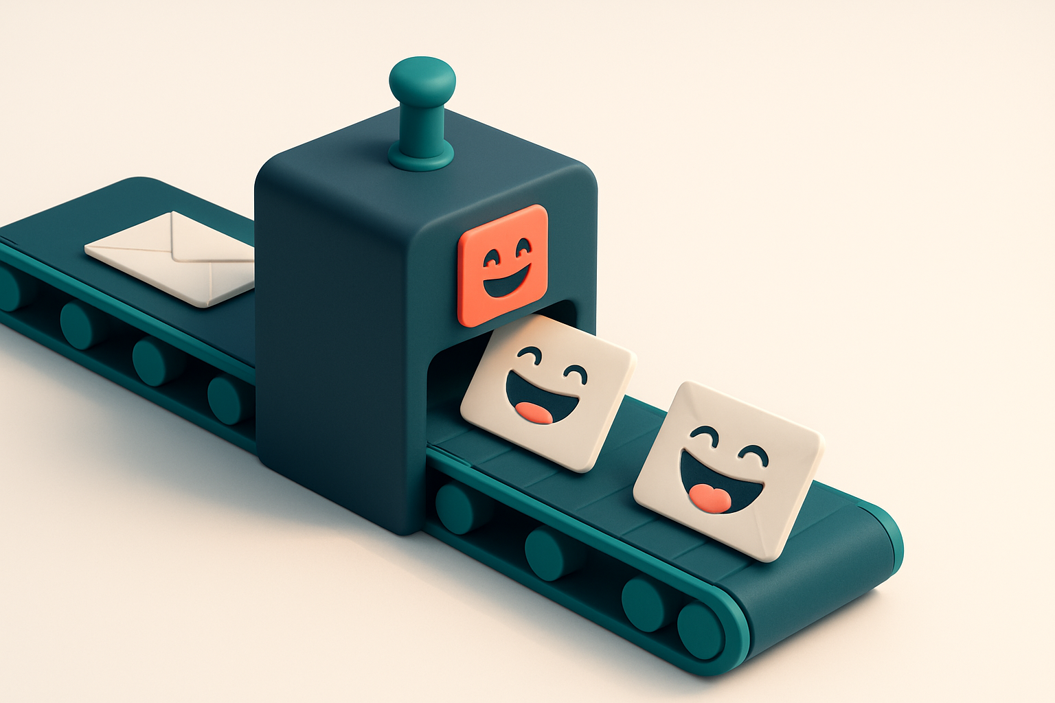 In-body 1: an isometric scene of a humorous email journey, featuring a conveyor belt with envelopes passing through a 'humor filter' showing comical faces.