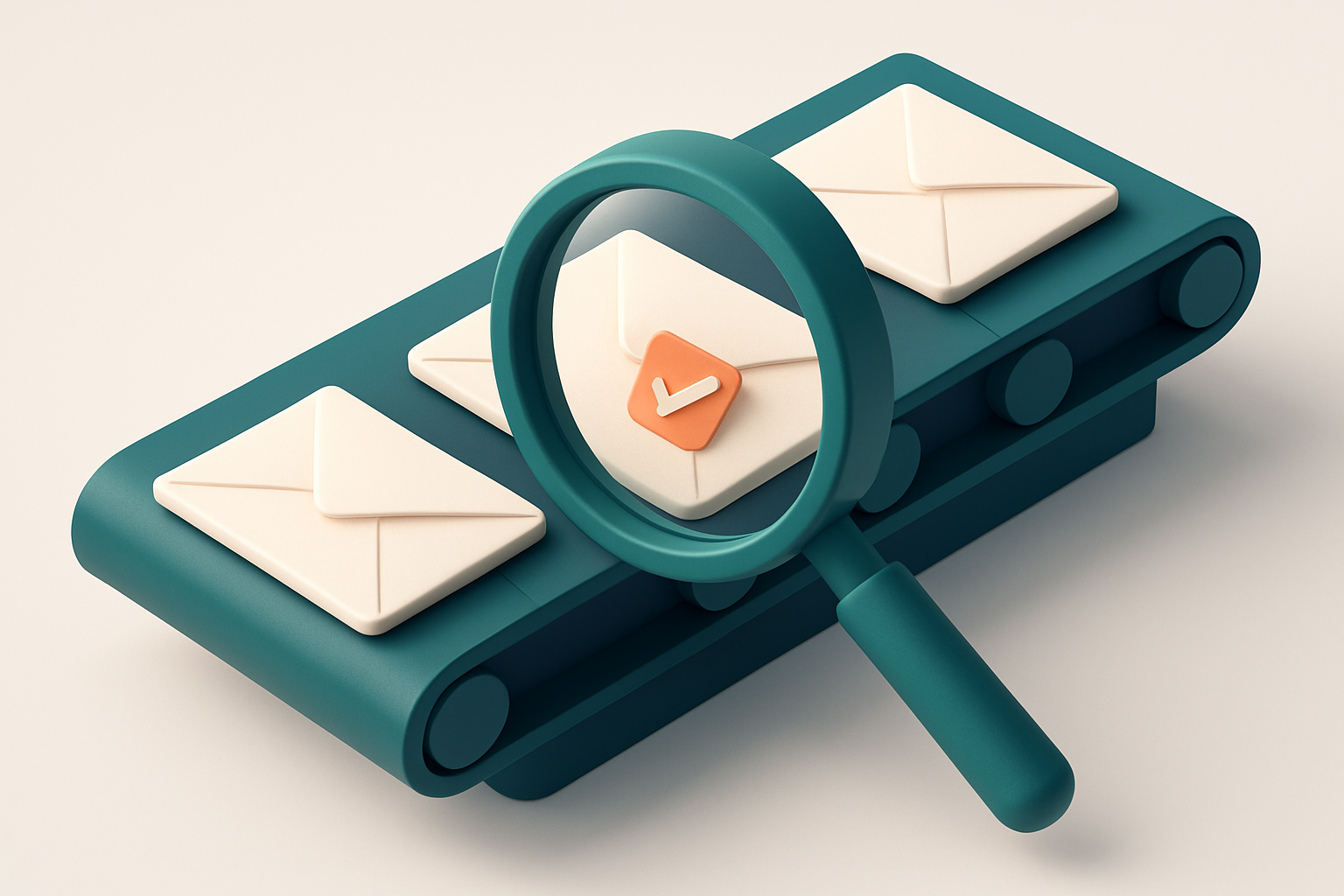 In-body 1: an isometric setup with a conveyor belt sorting envelopes, with a magnifying glass over one examining the 'valid' indicator.
