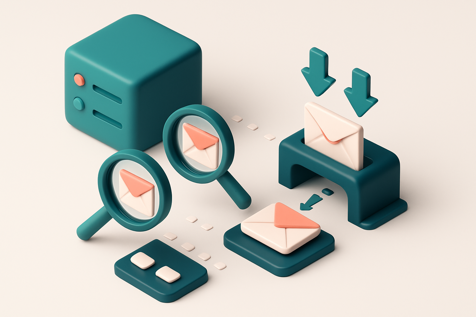 In-body 1: an isometric scene of an SMTP server with data packets being checked by magnifying glasses and then sorted through gates.
