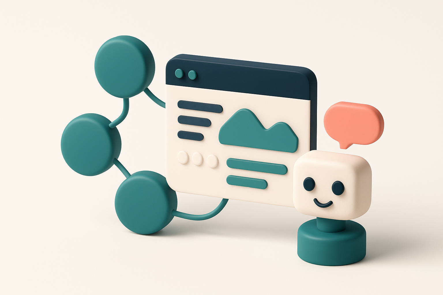 In-body 1: An isometric scene showing a dashboard with interconnected nodes labeled with email services such as Mailchimp and HubSpot interacting with an AI ass
