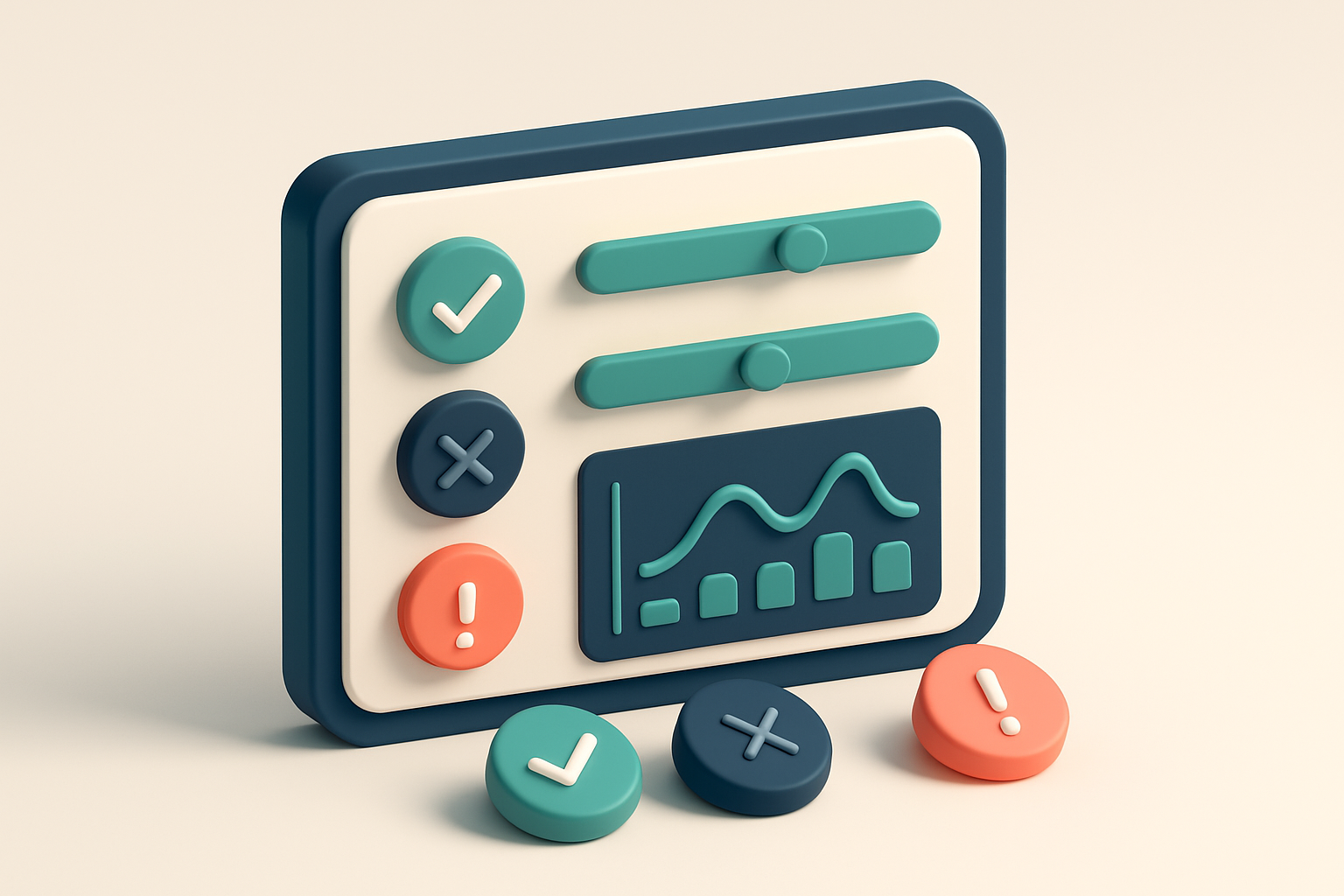 In-body 1: an isometric scene showing a dashboard with verification tools like sliders and graphs, highlighting different verdicts (valid, invalid, risky).