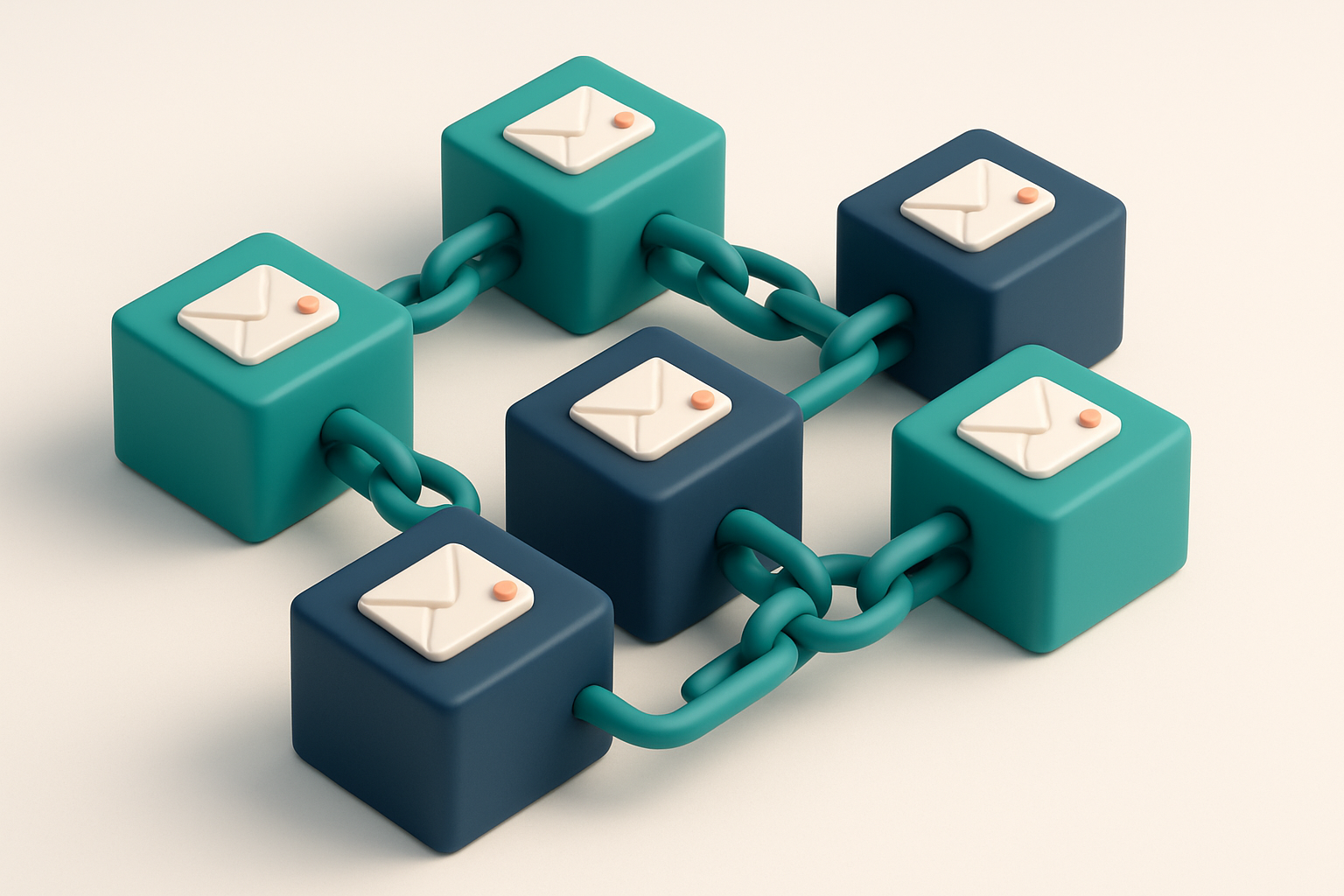 In-body 1: a blockchain network with email symbols integrated into each block, representing secure and immutable verification processes