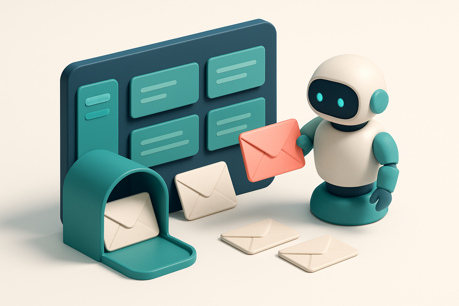 In-body 1: an isometric email dashboard with envelopes being sorted by a digital assistant, representing personalized content strategies.